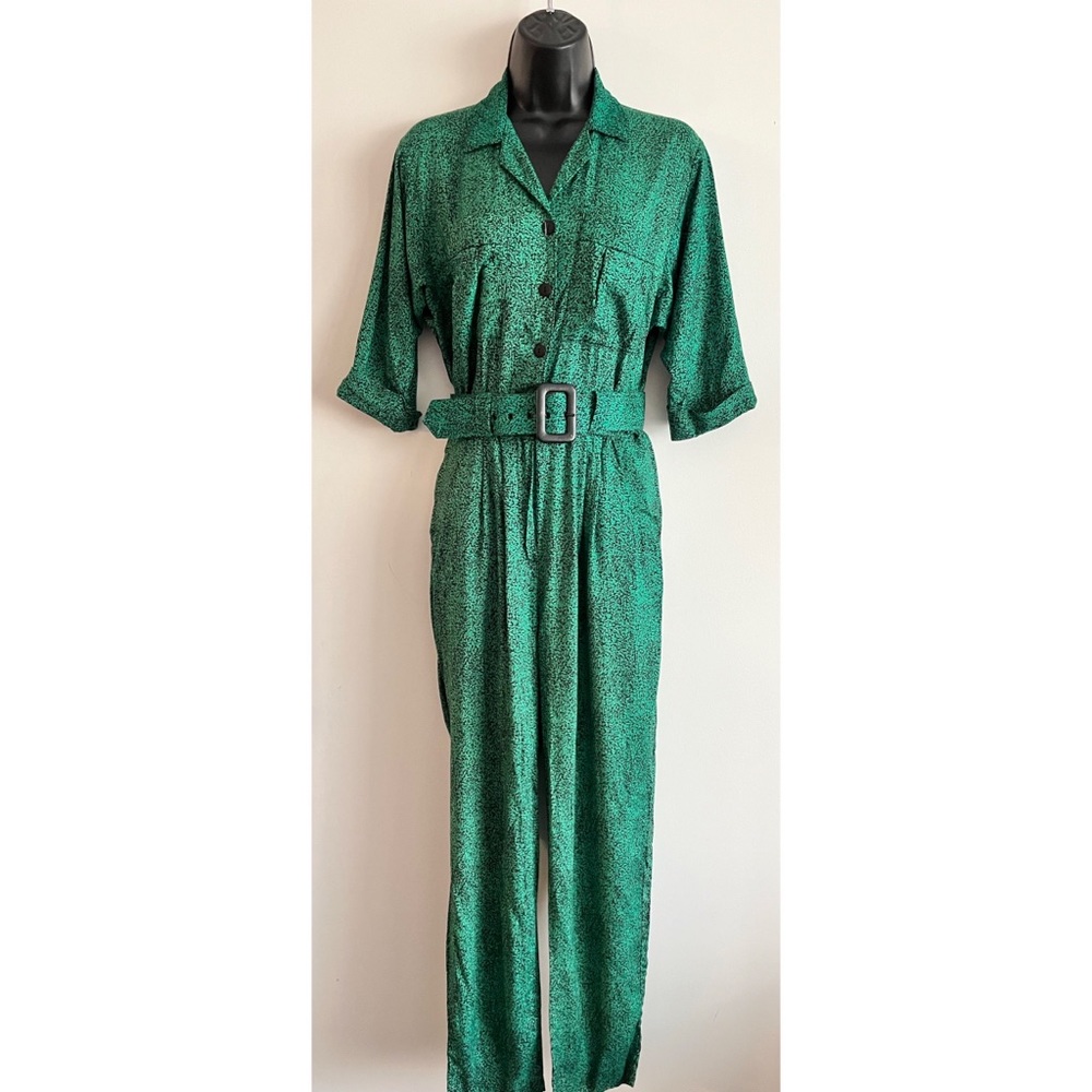 *VINTAGE 90s* Petite Jazz Belted Jumpsuit Green and Black Pattern Size 10